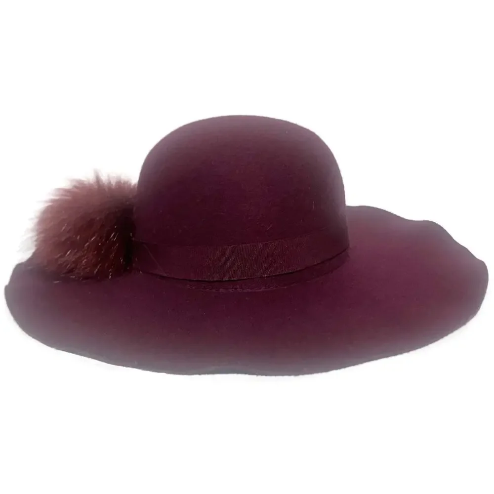 Torrid Wide-Brim Felt Hat With Fur Pom-Pom Deep Burgundy Purple Size S/M